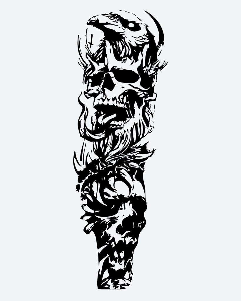 Skull & Floral Chaos semi-permanent tattoo design by INKON – aggressive, snarling, skull, swirling, organic illustration, 8 x 20 in (20x50cm), available at inkon.co