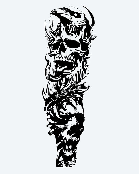 Skull & Floral Chaos semi-permanent tattoo design by INKON – aggressive, snarling, skull, swirling, organic illustration, 8 x 20 in (20x50cm), available at inkon.co