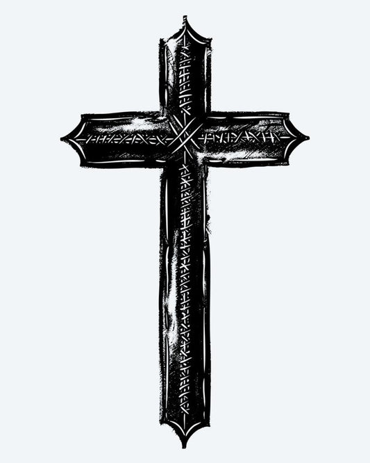 Rustic Cross semi-permanent tattoo design by INKON – textured, weathered, cross, rugged, carved illustration, 3 x 4 in (6x11cm), available at inkon.co