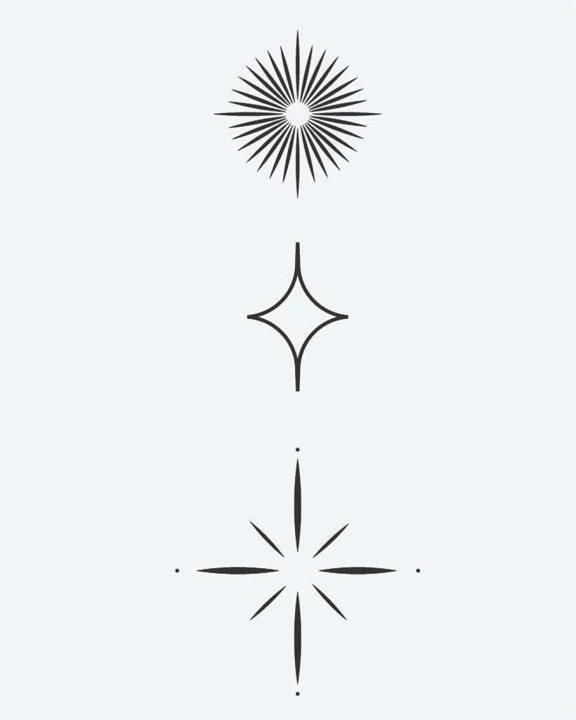 Celestial Starburst Trio semi-permanent tattoo design by INKON – minimalist, three, geometric, star, shapes illustration, 3 x 4 in (6x11cm), available at inkon.co