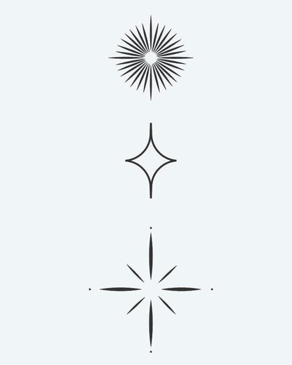 Celestial Starburst Trio semi-permanent tattoo design by INKON – minimalist, three, geometric, star, shapes illustration, 3 x 4 in (6x11cm), available at inkon.co