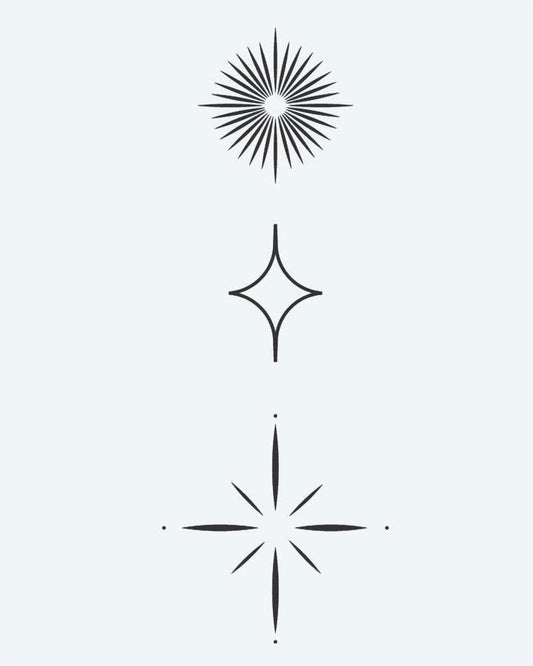Celestial Starburst Trio semi-permanent tattoo design by INKON – minimalist, three, geometric, star, shapes illustration, 3 x 4 in (6x11cm), available at inkon.co