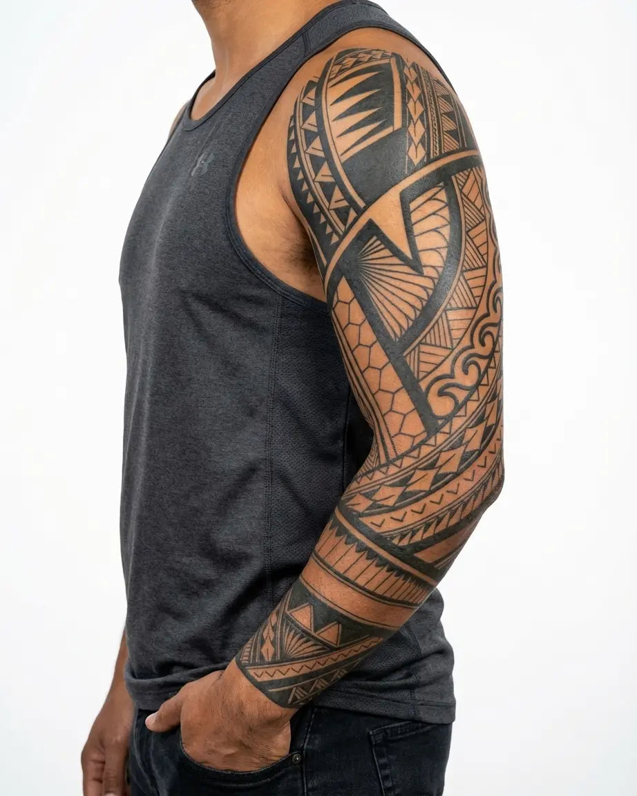 INKON Samoan Geometric Sleeve semi-permanent tattoo applied on a man – 8 x 20 in (20x50cm) design, realistic ink look, lasts 10 days