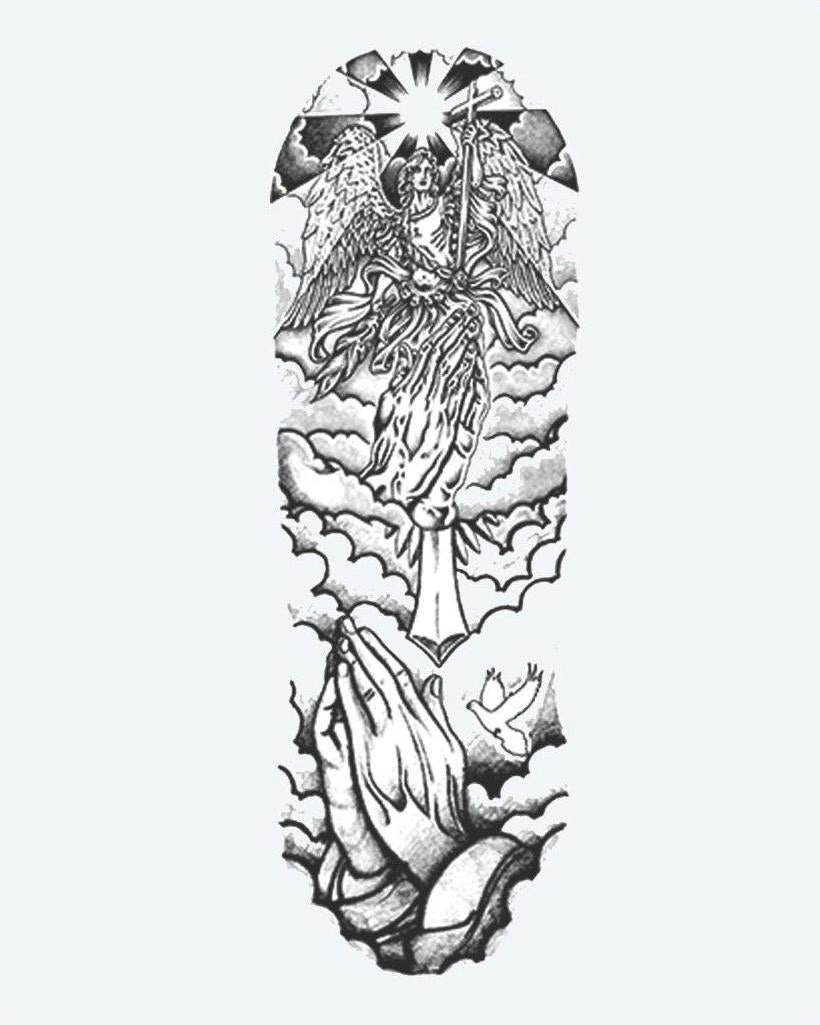Angel & Praying Hands Sleeve semi-permanent tattoo design by INKON – spiritual, full, sleeve, guardian, angel illustration, 8 x 20 in (20x50cm), available at inkon.co