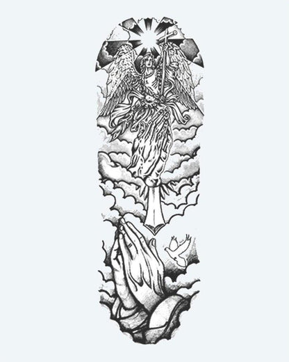 Angel & Praying Hands Sleeve semi-permanent tattoo design by INKON – spiritual, full, sleeve, guardian, angel illustration, 8 x 20 in (20x50cm), available at inkon.co