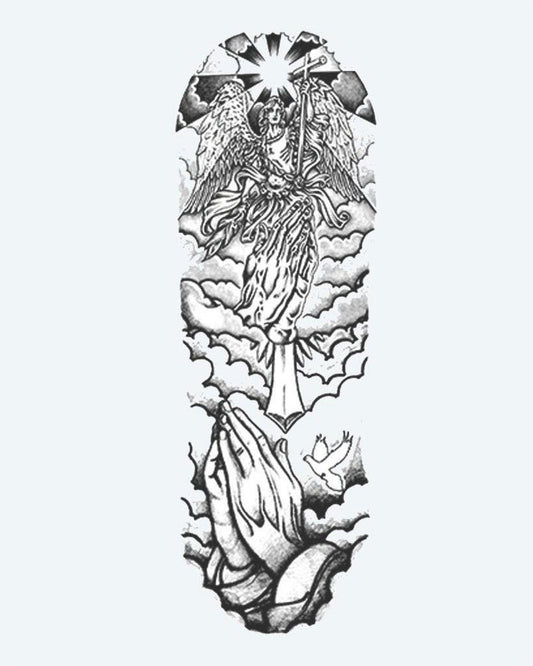 Angel & Praying Hands Sleeve semi-permanent tattoo design by INKON – spiritual, full, sleeve, guardian, angel illustration, 8 x 20 in (20x50cm), available at inkon.co