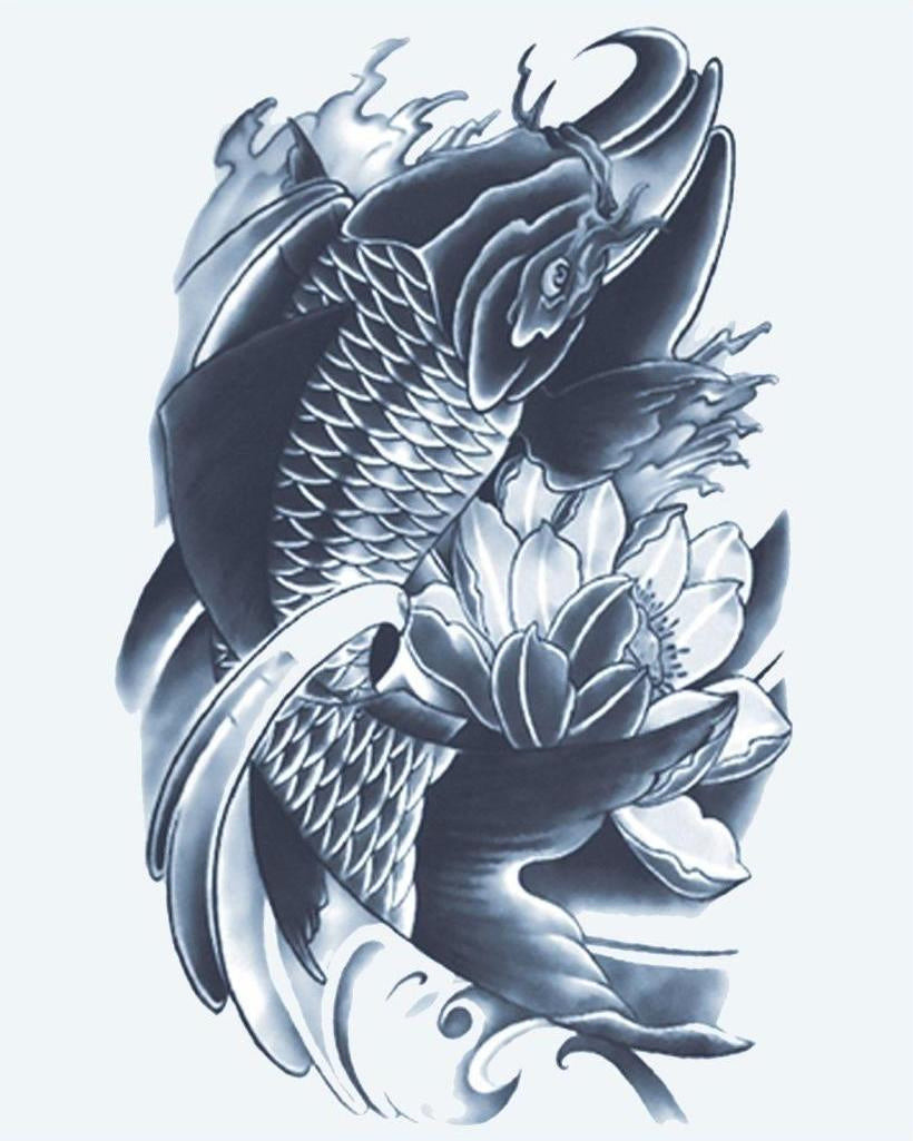 Koi Fish & Lotus semi-permanent tattoo design by INKON – japanese, fish, swimming, alongside, blooming illustration, 4 x 7 in (10x17cm), available at inkon.co