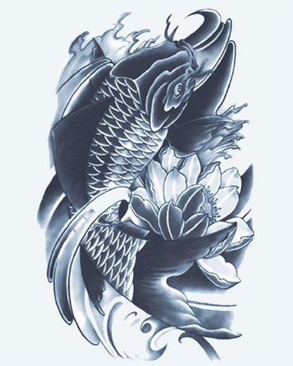 Koi Fish & Lotus semi-permanent tattoo design by INKON – japanese, fish, swimming, alongside, blooming illustration, 4 x 7 in (10x17cm), available at inkon.co