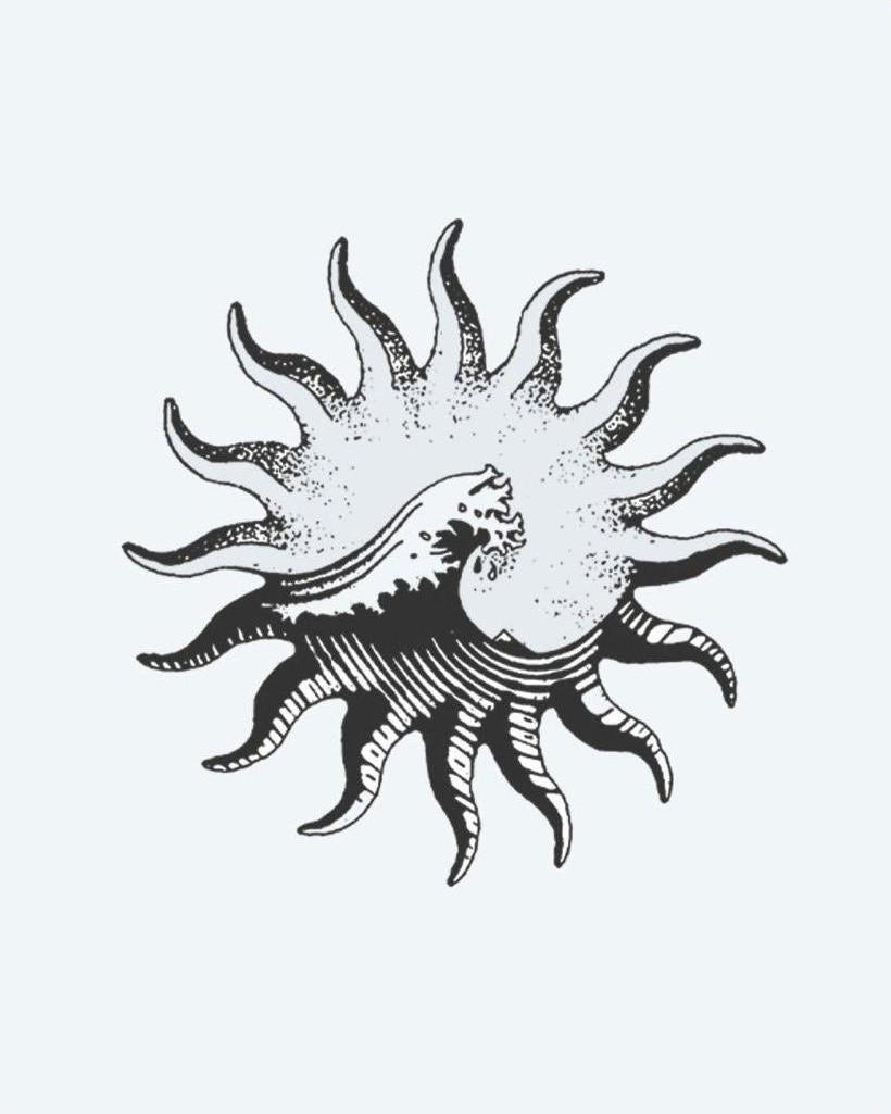 Sun & Wave semi-permanent tattoo design by INKON – vintage, wavy, rays, crashing, ocean illustration, 4 x 4 in (9x9cm), available at inkon.co