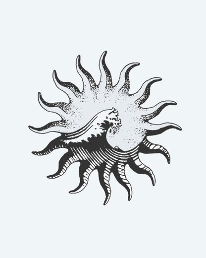 Sun & Wave semi-permanent tattoo design by INKON – vintage, wavy, rays, crashing, ocean illustration, 4 x 4 in (9x9cm), available at inkon.co