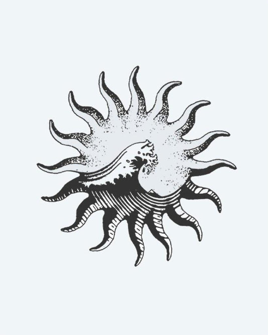 Sun & Wave semi-permanent tattoo design by INKON – vintage, wavy, rays, crashing, ocean illustration, 4 x 4 in (9x9cm), available at inkon.co