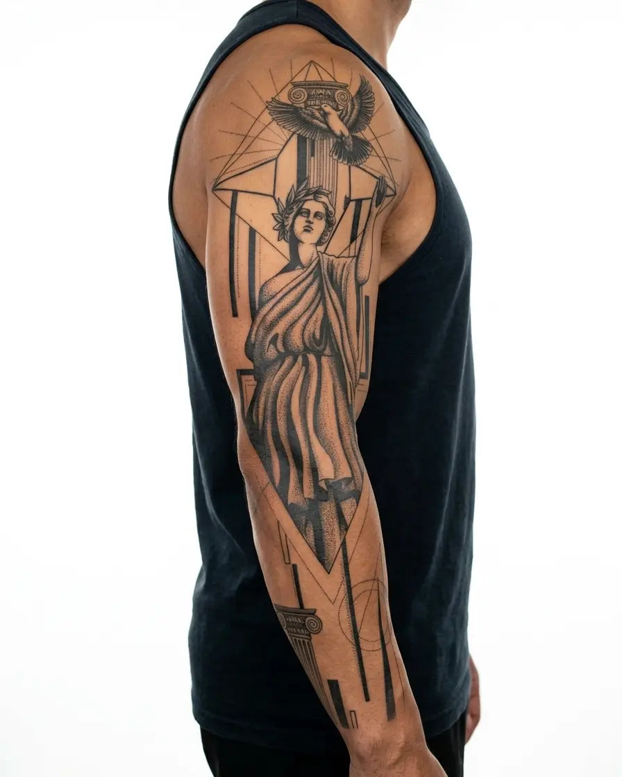 INKON Greek Goddess & Dove semi-permanent tattoo applied on a man – 8 x 20 in (20x50cm) design, realistic ink look, lasts 10 days
