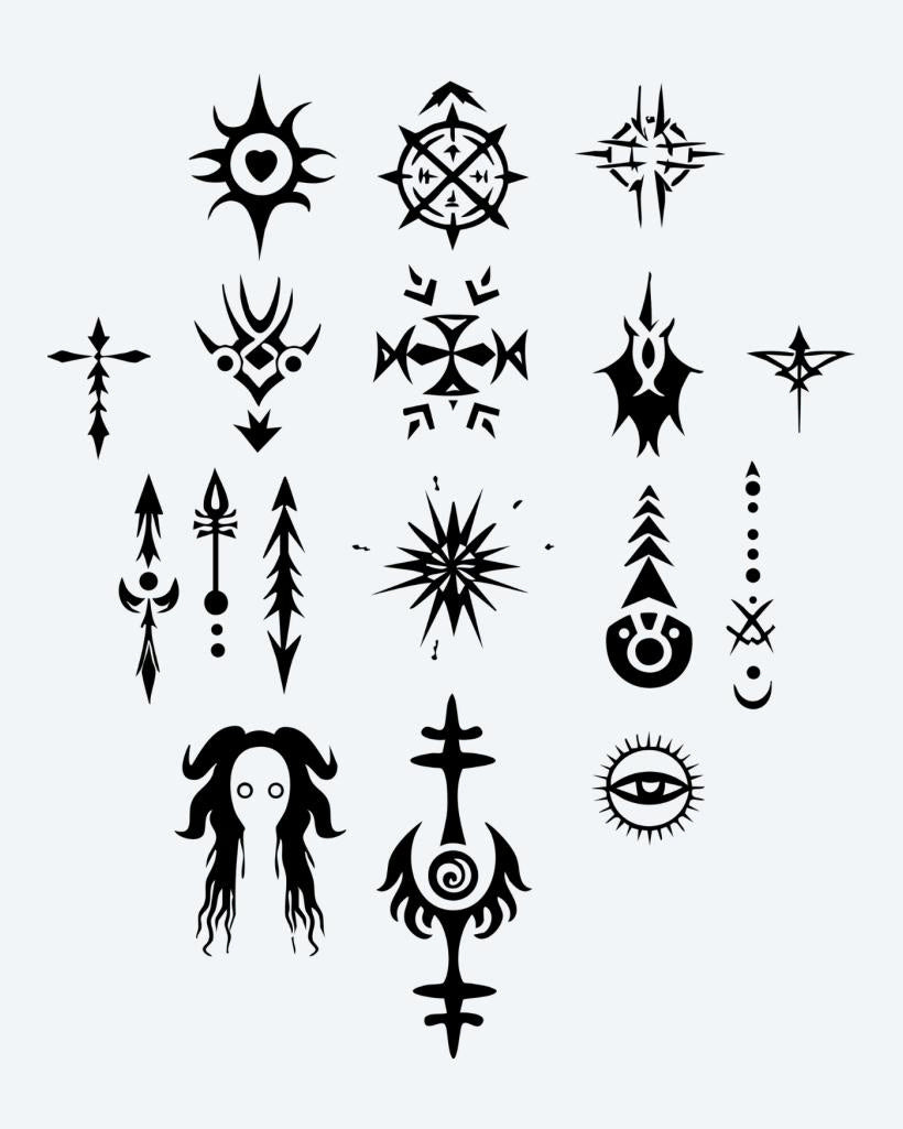Mystic Symbols Collection semi-permanent tattoo design by INKON – sheet, mystical, occult, symbol, tattoos illustration, 3 x 4 in (7x10cm), available at inkon.co