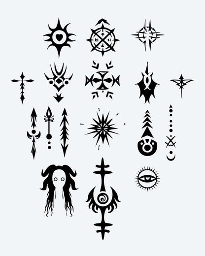 Mystic Symbols Collection semi-permanent tattoo design by INKON – sheet, mystical, occult, symbol, tattoos illustration, 3 x 4 in (7x10cm), available at inkon.co