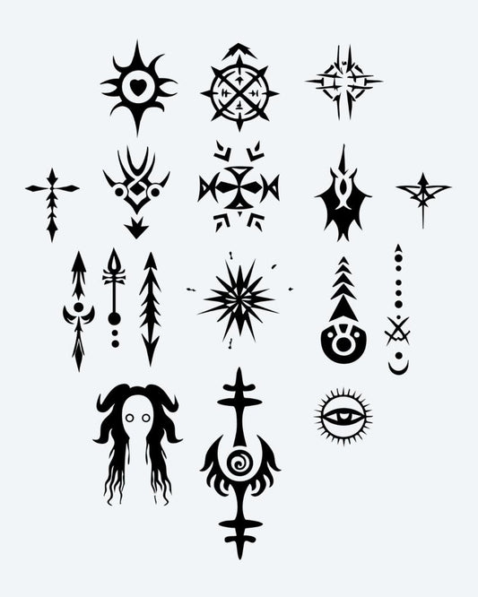 Mystic Symbols Collection semi-permanent tattoo design by INKON – sheet, mystical, occult, symbol, tattoos illustration, 3 x 4 in (7x10cm), available at inkon.co