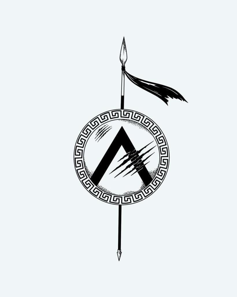 Spartan Shield & Spear semi-permanent tattoo design by INKON – fine, line, blackwork, illustrates, battle illustration, 4 x 7 in (10x17cm), available at inkon.co