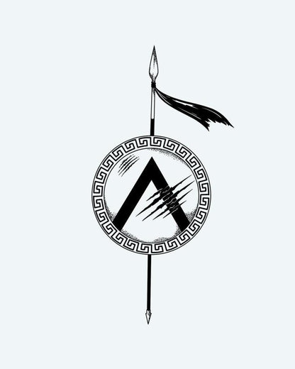 Spartan Shield & Spear semi-permanent tattoo design by INKON – fine, line, blackwork, illustrates, battle illustration, 4 x 7 in (10x17cm), available at inkon.co