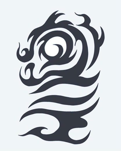 Tribal Dragon Head semi-permanent tattoo design by INKON – tribal, dragon, head, swirling, curves illustration, 4 x 7 in (10x17cm), available at inkon.co