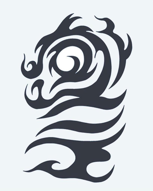 Tribal Dragon Head semi-permanent tattoo design by INKON – tribal, dragon, head, swirling, curves illustration, 4 x 7 in (10x17cm), available at inkon.co