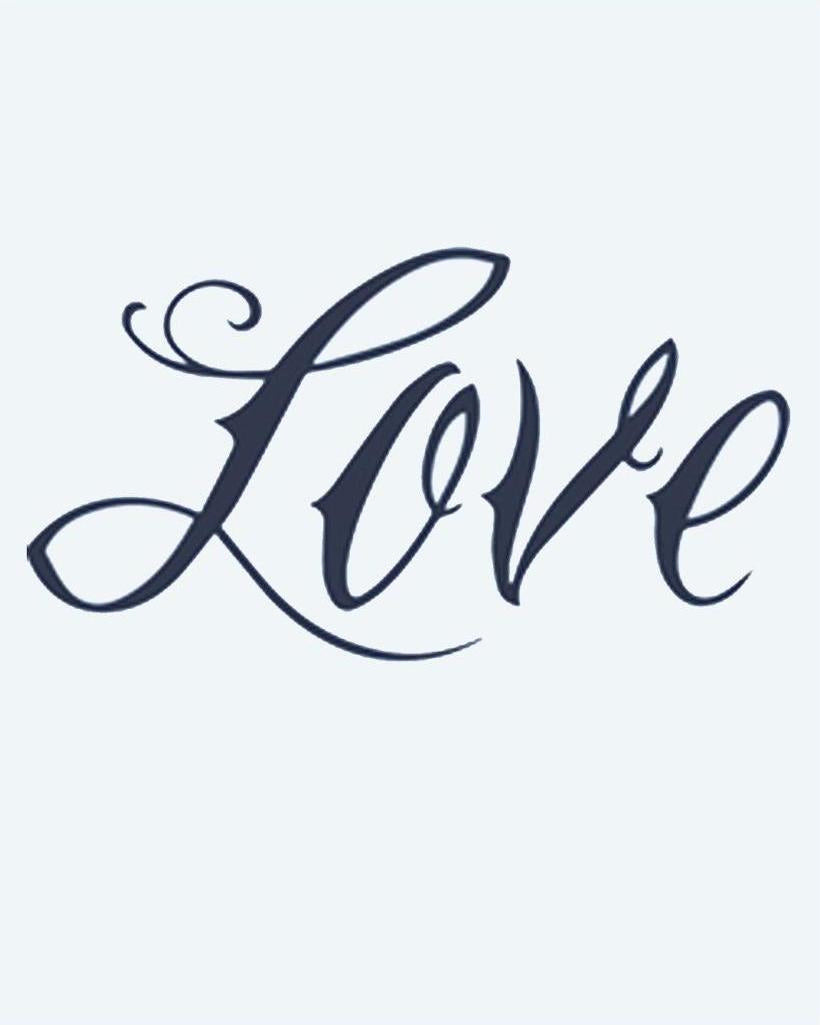 Love Script semi-permanent tattoo design by INKON – calligraphy, script, spelling, love, flowing illustration, 2 x 2 in (5x5cm), available at inkon.co