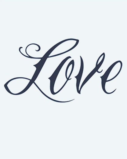 Love Script semi-permanent tattoo design by INKON – calligraphy, script, spelling, love, flowing illustration, 2 x 2 in (5x5cm), available at inkon.co