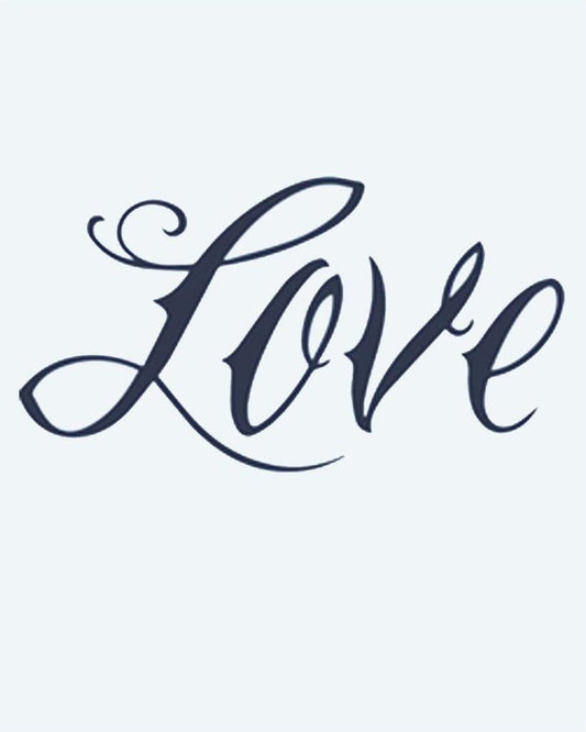 Love Script semi-permanent tattoo design by INKON – calligraphy, script, spelling, love, flowing illustration, 2 x 2 in (5x5cm), available at inkon.co