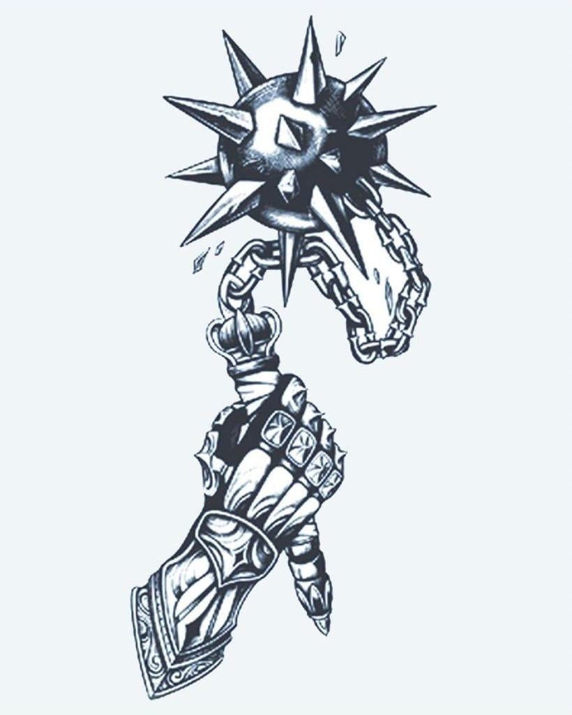 Armored Fist & Mace semi-permanent tattoo design by INKON – medieval, gauntlet, gripping, spiked, flail illustration, 4 x 7 in (10x17cm), available at inkon.co
