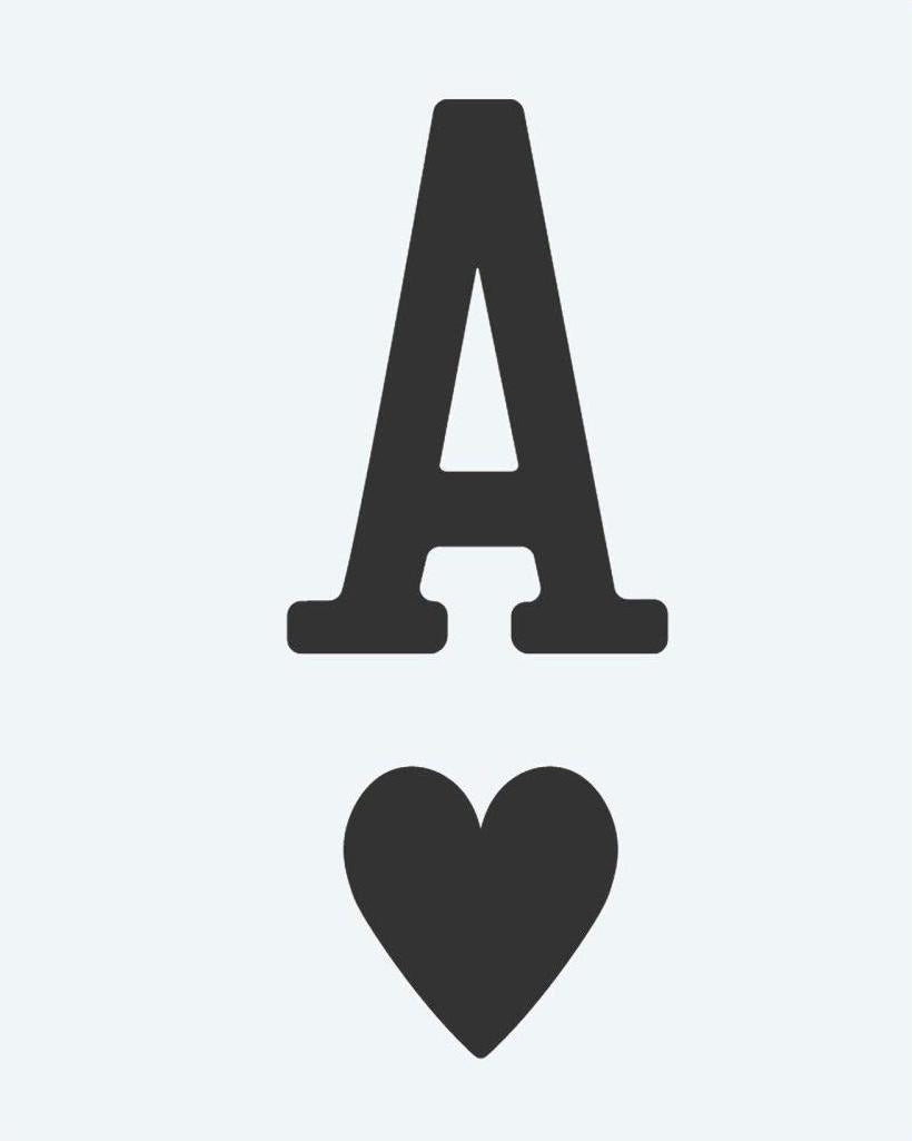 Ace of Hearts semi-permanent tattoo design by INKON – letter, above, heart, suit, symbol illustration, 2 x 2 in (5x5cm), available at inkon.co