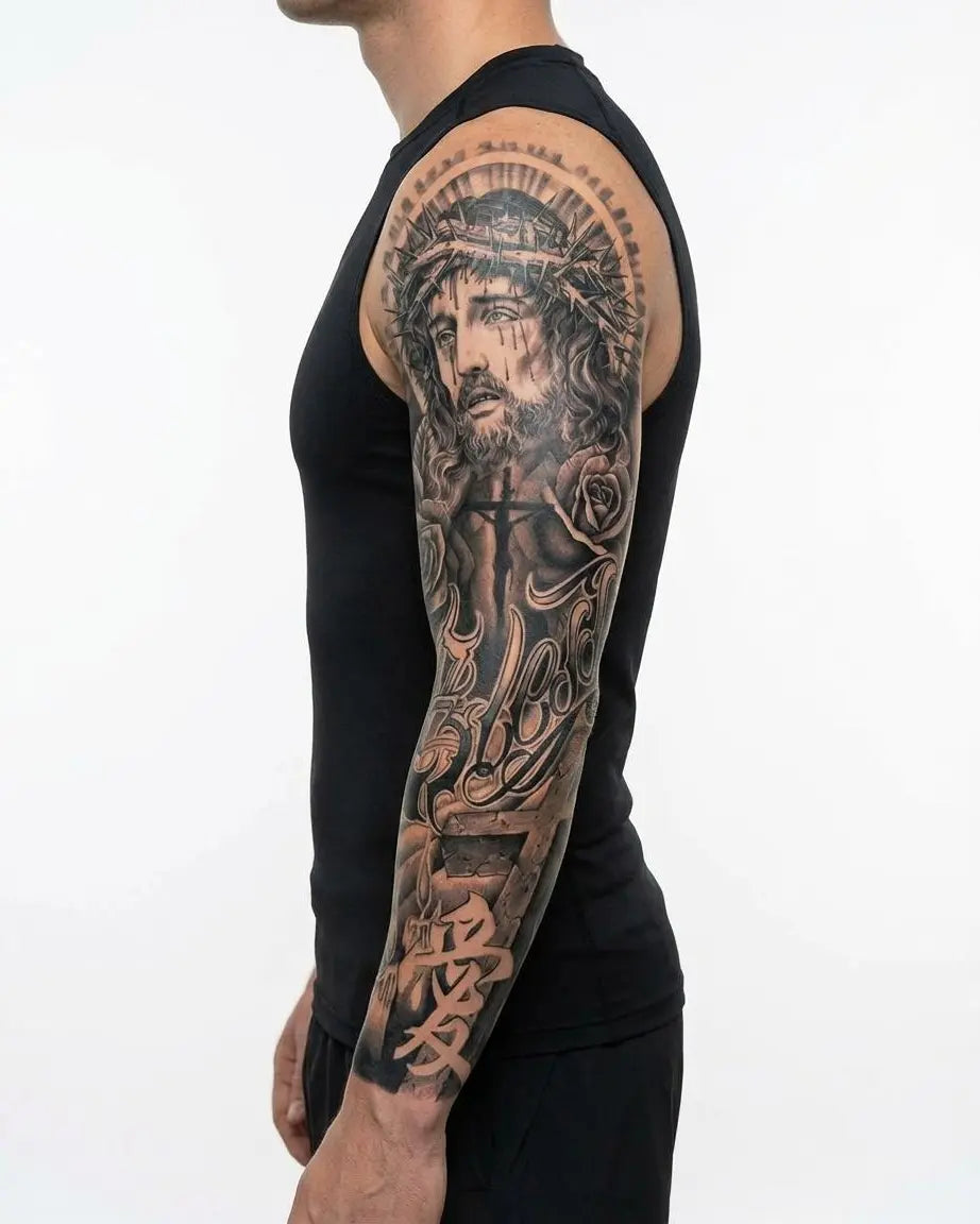 INKON Christ & Roses semi-permanent tattoo applied on a man – 8 x 20 in (20x50cm) design, realistic ink look, lasts 10 days
