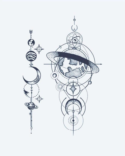 Cosmic Globe & Planets semi-permanent tattoo design by INKON – geometric, celestial, earth, globe, orbiting illustration, 3 x 4 in (6x11cm), available at inkon.co