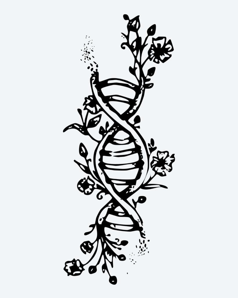 Floral DNA Helix semi-permanent tattoo design by INKON – creative, double, helix, intertwined, flowers illustration, 3 x 4 in (6x11cm), available at inkon.co