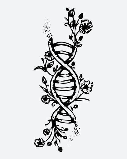 Floral DNA Helix semi-permanent tattoo design by INKON – creative, double, helix, intertwined, flowers illustration, 3 x 4 in (6x11cm), available at inkon.co