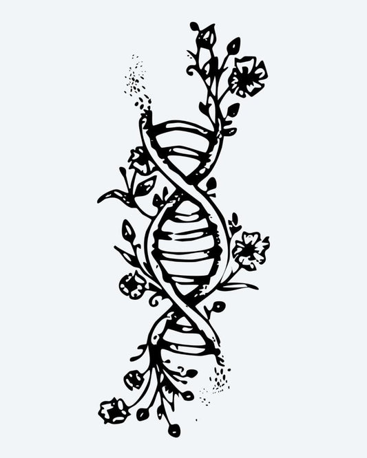 Floral DNA Helix semi-permanent tattoo design by INKON – creative, double, helix, intertwined, flowers illustration, 3 x 4 in (6x11cm), available at inkon.co