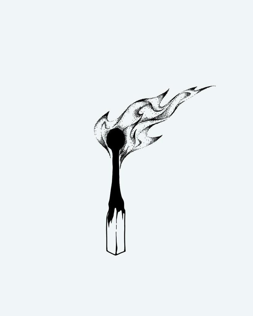 Burning Matchstick semi-permanent tattoo design by INKON – precise, dotwork, flickering, flame, burning illustration, 3 x 4 in (7x10cm), available at inkon.co