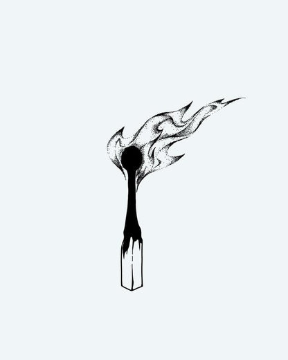 Burning Matchstick semi-permanent tattoo design by INKON – precise, dotwork, flickering, flame, burning illustration, 3 x 4 in (7x10cm), available at inkon.co