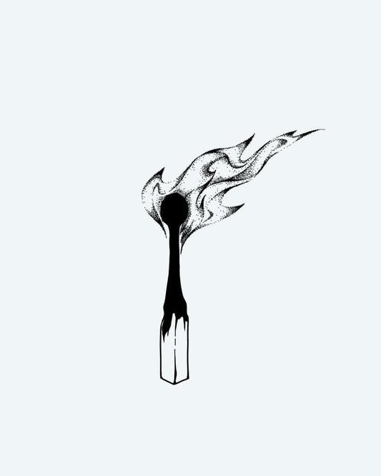 Burning Matchstick semi-permanent tattoo design by INKON – precise, dotwork, flickering, flame, burning illustration, 3 x 4 in (7x10cm), available at inkon.co