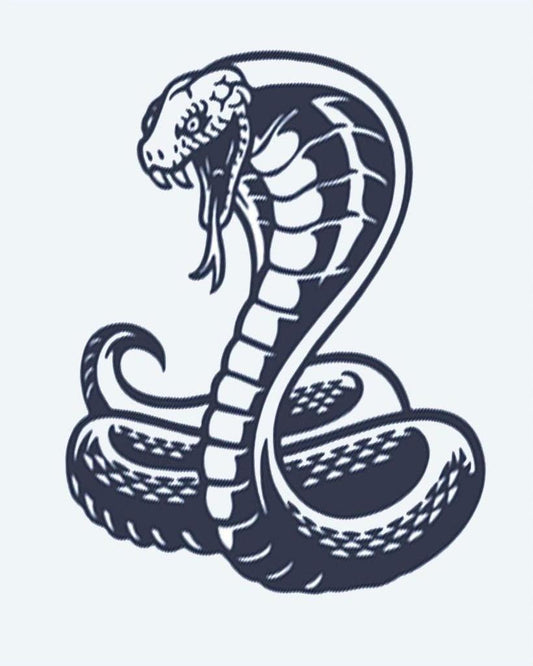 King Cobra semi-permanent tattoo design by INKON – king, cobra, upright, attack, pose illustration, 4 x 7 in (10x17cm), available at inkon.co