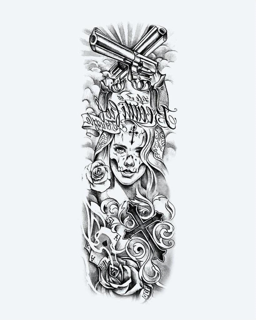 Chicano Woman & Revolvers semi-permanent tattoo design by INKON – chicano, full, sleeve, woman, face illustration, 8 x 20 in (20x50cm), available at inkon.co