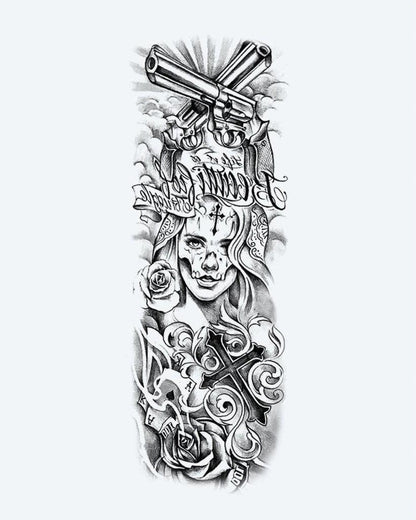 Chicano Woman & Revolvers semi-permanent tattoo design by INKON – chicano, full, sleeve, woman, face illustration, 8 x 20 in (20x50cm), available at inkon.co