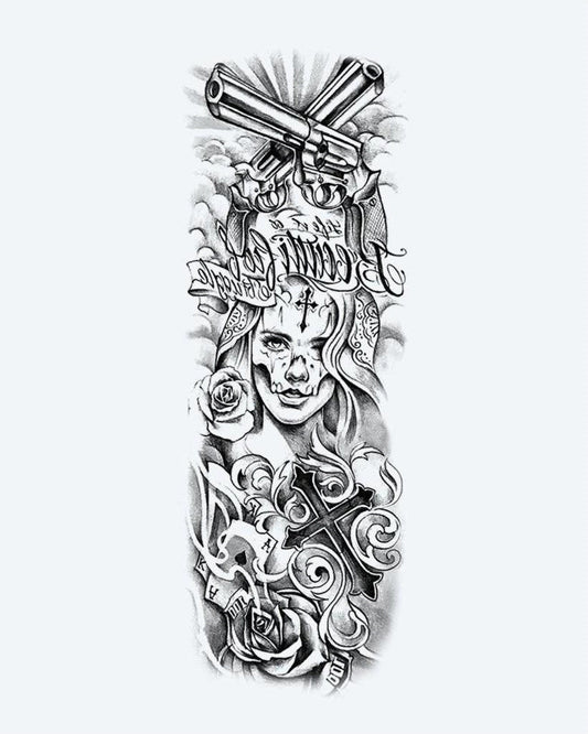 Chicano Woman & Revolvers semi-permanent tattoo design by INKON – chicano, full, sleeve, woman, face illustration, 8 x 20 in (20x50cm), available at inkon.co