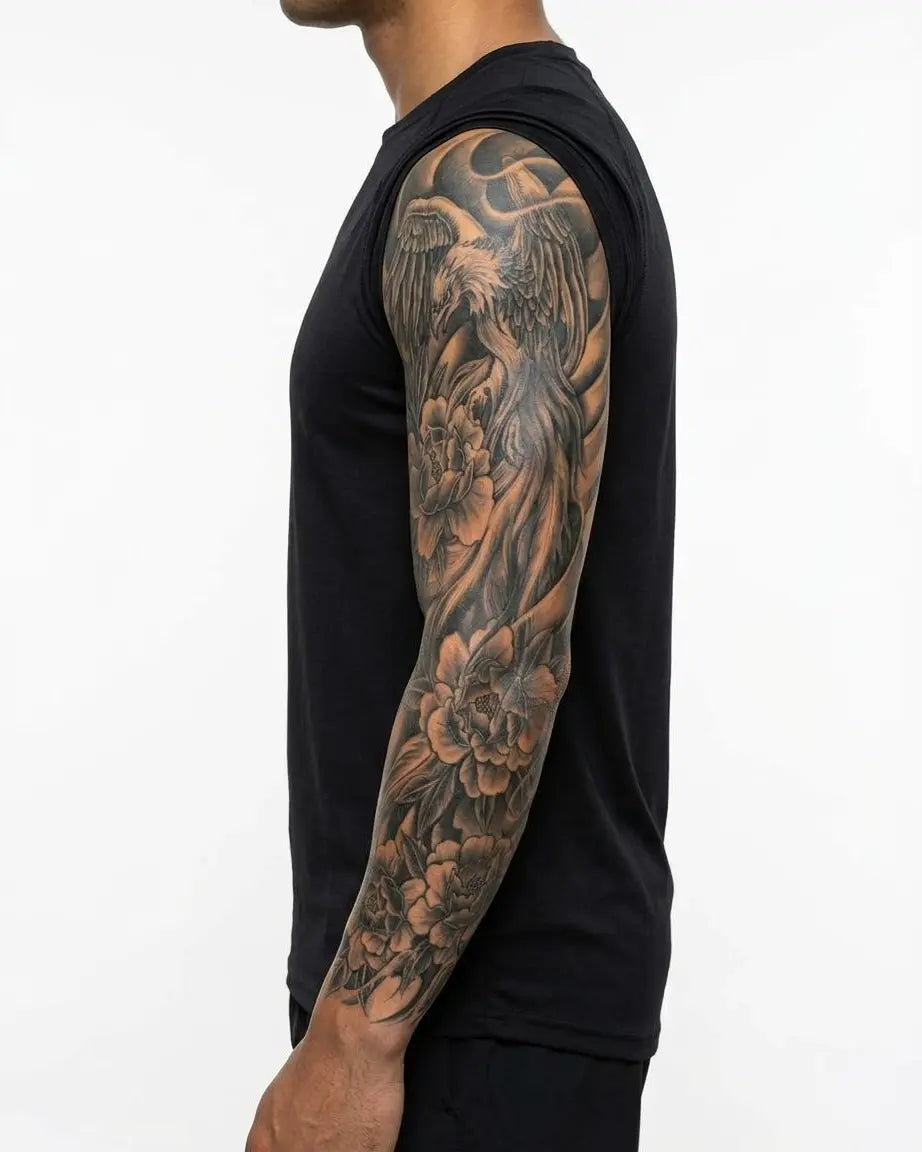 INKON Phoenix & Peonies semi-permanent tattoo applied on a man – 8 x 20 in (20x50cm) design, realistic ink look, lasts 10 days