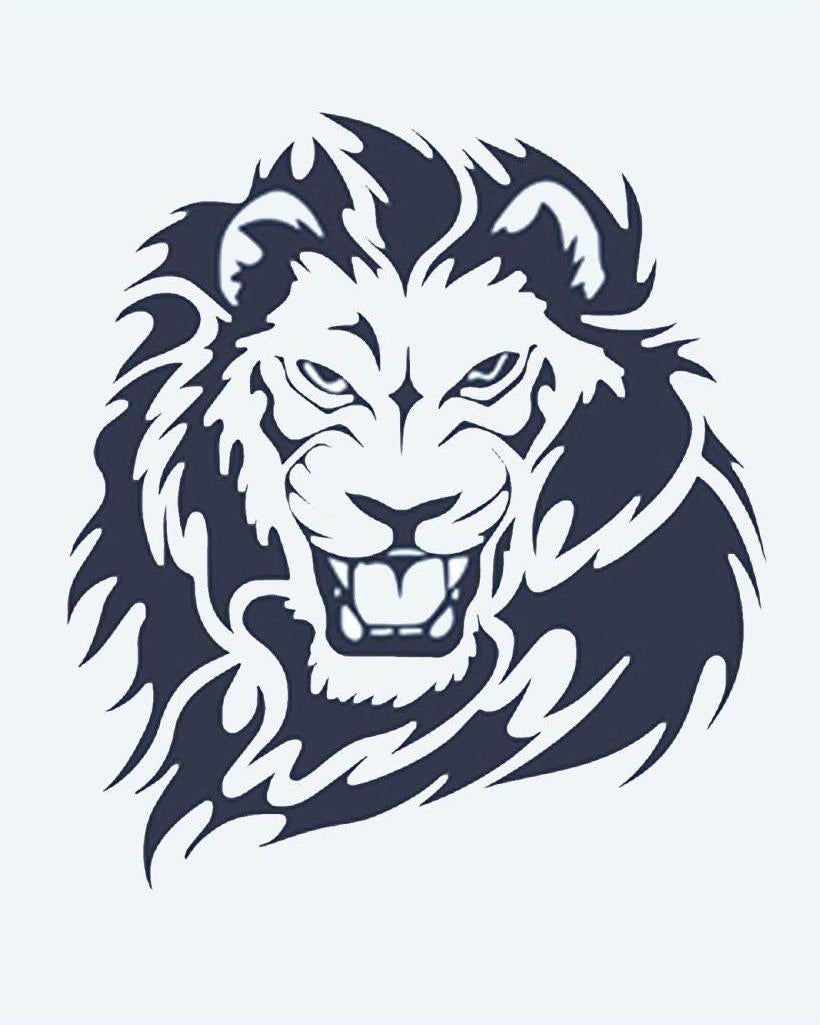 Roaring Lion semi-permanent tattoo design by INKON – roaring, lion, head, flowing, mane illustration, 2 x 2 in (5x5cm), available at inkon.co