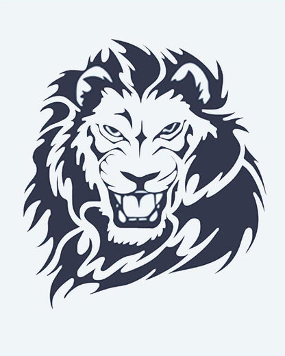 Roaring Lion semi-permanent tattoo design by INKON – roaring, lion, head, flowing, mane illustration, 2 x 2 in (5x5cm), available at inkon.co