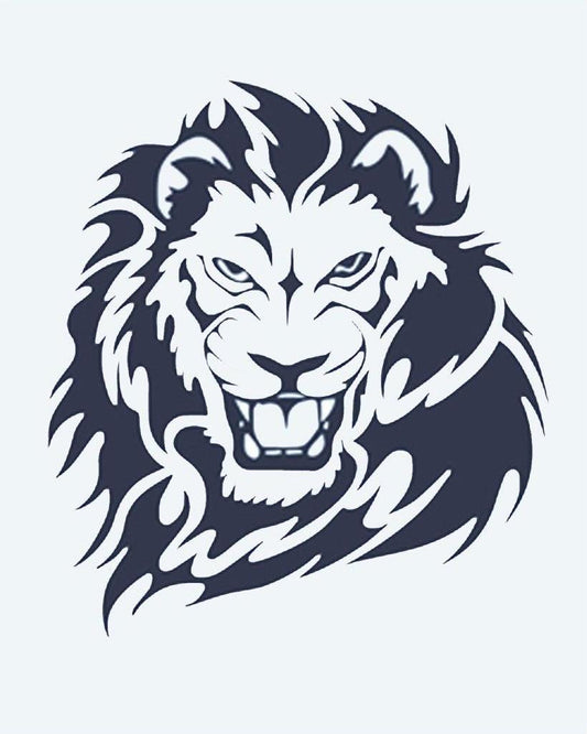 Roaring Lion semi-permanent tattoo design by INKON – roaring, lion, head, flowing, mane illustration, 2 x 2 in (5x5cm), available at inkon.co