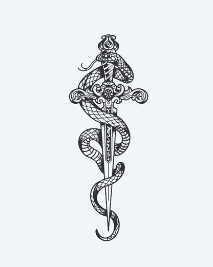Snake & Ornate Dagger semi-permanent tattoo design by INKON – beautifully, cobra, snake, coiling, ornate illustration, 4 x 8 in (11x21cm), available at inkon.co