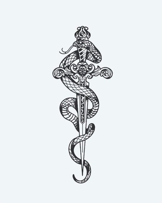 Snake & Ornate Dagger semi-permanent tattoo design by INKON – beautifully, cobra, snake, coiling, ornate illustration, 4 x 8 in (11x21cm), available at inkon.co