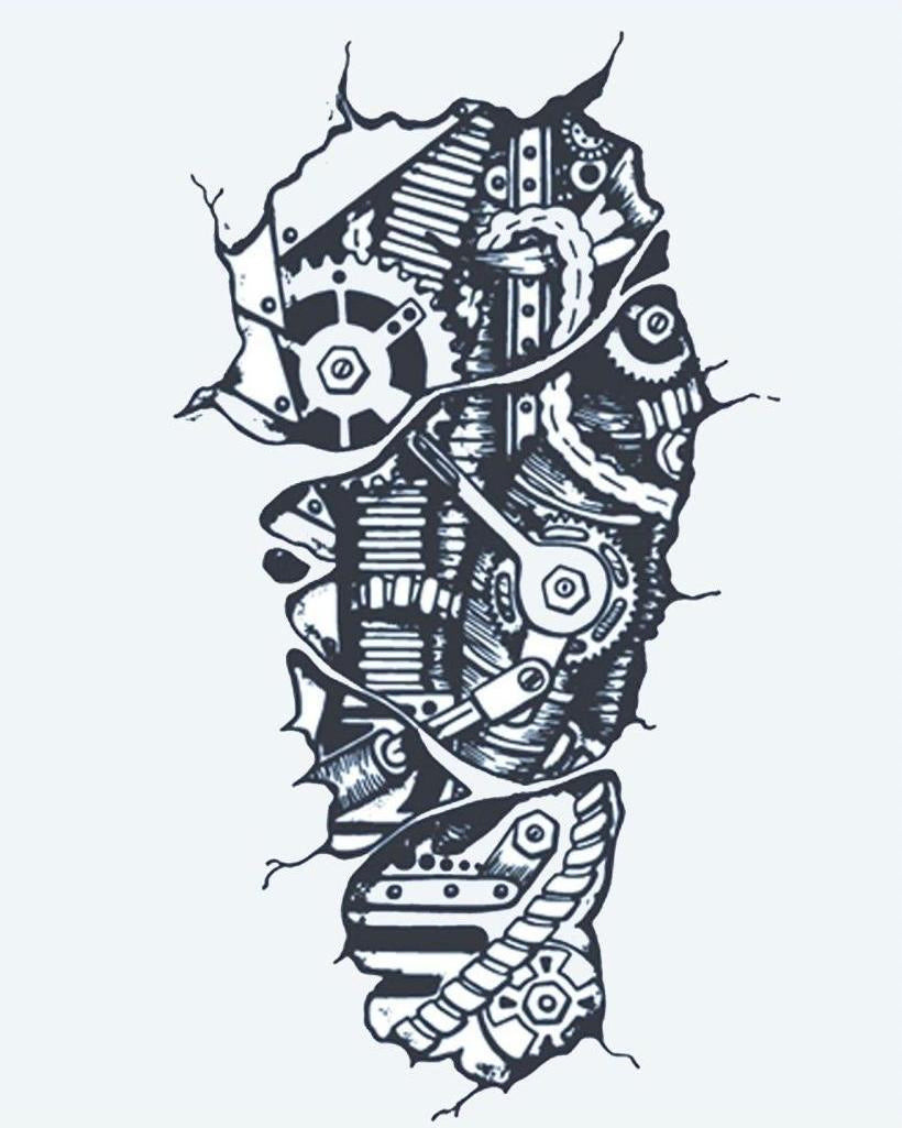 Biomechanical Gears semi-permanent tattoo design by INKON – ripped, skin, biomechanical, revealing, gears illustration, 4 x 7 in (10x17cm), available at inkon.co