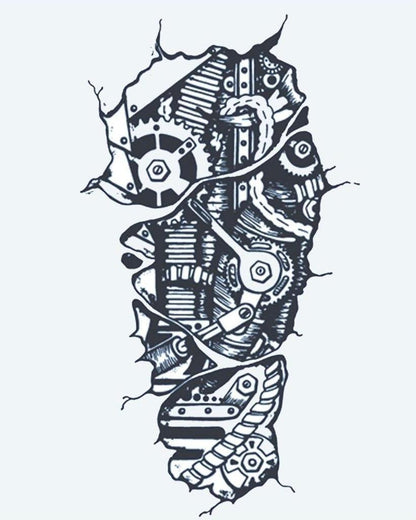 Biomechanical Gears semi-permanent tattoo design by INKON – ripped, skin, biomechanical, revealing, gears illustration, 4 x 7 in (10x17cm), available at inkon.co