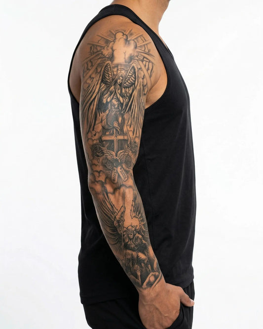 INKON Angels & Cross Sleeve semi-permanent tattoo applied on a man – 8 x 20 in (20x50cm) design, realistic ink look, lasts 10 days