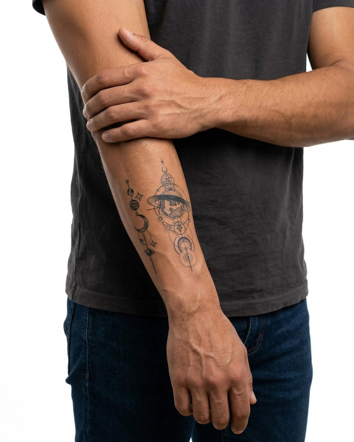 INKON Cosmic Globe & Planets semi-permanent tattoo applied on a man – 3 x 4 in (6x11cm) design, realistic ink look, lasts 10 days